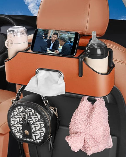 HOLDCY Car Back Seat Organizer with 2 Drink Cup Holder - Tissue Box and Storage Box Hook - Multi-functional Storage - Great for Kids and Travel (Orange)