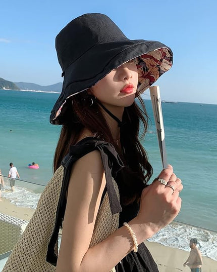 HUAMULAN Women Summer Sun Hat Wide Brim Wired Edge Floral Beach Bucket Hats Reversible Foldable Travel UV Protection Lady Hat
