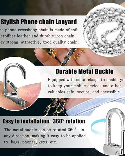 Phone Crossbody Chain Cell Phone Lanyard,Leather+Metal Shouder Strap Universal Cellphone Chain Strap with Tether Patches Compatible with Most Phones Bag Purse Silver+White