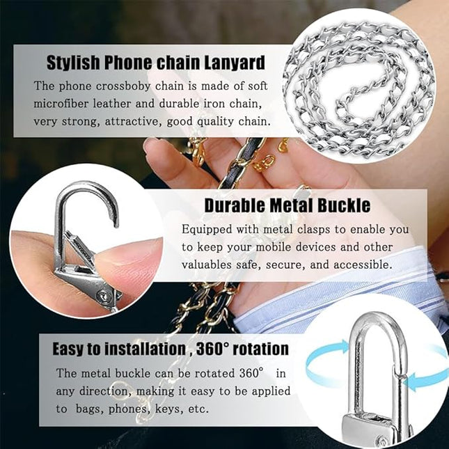 Phone Crossbody Chain Cell Phone Lanyard,Leather+Metal Shouder Strap Universal Cellphone Chain Strap with Tether Patches Compatible with Most Phones Bag Purse Silver+White