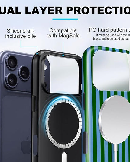 Magnetic for iPhone 17 Pro Max Case Cute Stripes Phone Case, Shockproof Slim TPU and Hard PC Protective Phone Cover Compatible with MagSafe Designed for Women Girls, Green and Blue