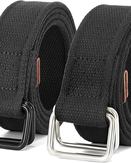JASGOOD Men Canvas Fabric Belts Casual Web Cloth Belts with Black Double Ring Buckle 2 Pack