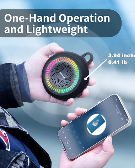 SOWO Shower Speaker Bluetooth Waterproof | Small Portable Wireless Bluetooth Speaker with Clip | Powerful Bass and Louder Volume | Colorful Lights and Lightweight | for Bathroom,Travel,Beach | Black