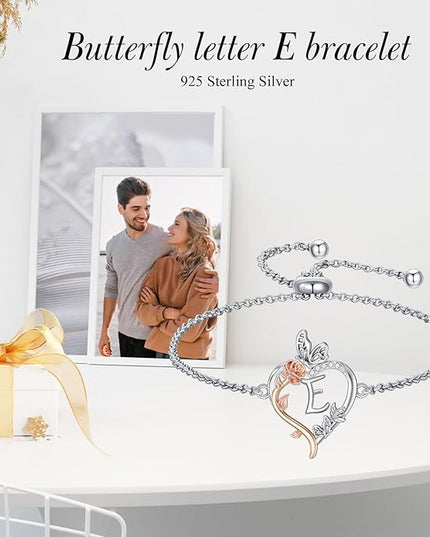 TOUPOP Gifts for Women Rose Heart Initial Bracelet 925 Sterling Silver Butterfly Letter Link Bracelet Love Jewelry Valentines Day Birthday Gifts for Her Wife Girlfriend Mom