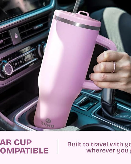 34HD 40 oz Stainless Steel Tumbler - Leakproof Insulated Water Bottle with Handle, Magnetic Lid and Flexible Straw - Iced for 48 Hours – Perfect for Men, Women, Birthday Gift, Pink - Blush Petal