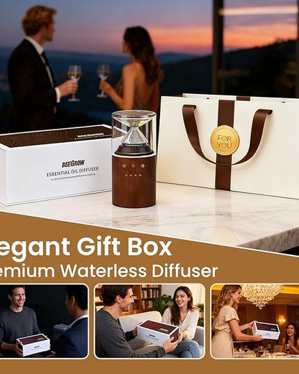 Waterless Nebulizing Essential Oil Diffuser, Real Glass and Solid Wood Portable Rechargeable Aroma Diffuser for Home Office Car, Luxury Gift Set with 10ml Lemon Oil