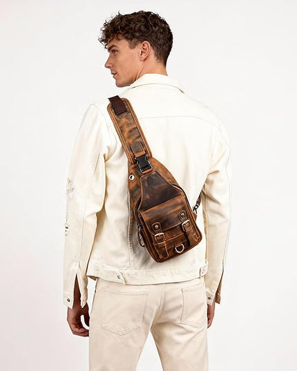 Genuine Leather Hiking Travel DayPack Sling Crossbody Triangle Chest Pack Bag For Men Women 8241