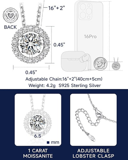 MomentWish Floating Necklace for Women, 0.5/1 Carat Dancing Moissanite Necklace for Her 925 Sterling Silver Pendant Anniversary Birthday Christmas Gift for Wife Mom Girlfriend