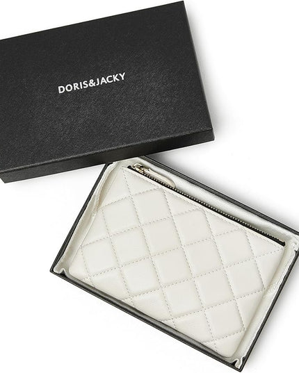 DORIS&JACKY Soft Lambskin Leather Coin Purse Small Quilted RFID Blocking Top Zipper Wallet With Key Chain