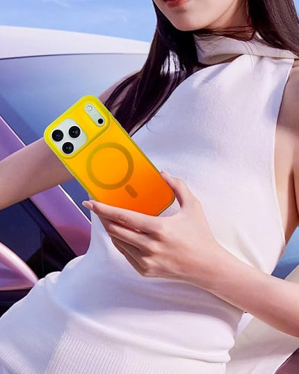 Aesthetic Case for iPhone 17 Pro Case for Women Girls [Compatible with Magsafe] Cute Girly Trendy Glitter Sparkly Rainbow Magnetic Protective Phone Cover, Matte Iridescent Yellow & Orange
