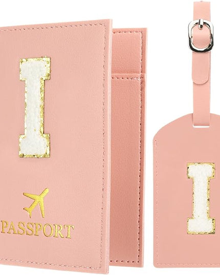 PATIKIL Passport Holder for Travel, Initial Passport Cover and Luggage Tag Set with Alphabet Chenille Letter Patch Travel Wallet Bag Suitcase Identifier for Women Family Travel Pink I