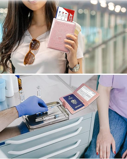 RSAquar Passport and Vaccine Card Holder Combo, Passport Holder Cover Wallet, Leather Card Case Travel Accessories with RFID Blocking for Women and Men, Rose Gold