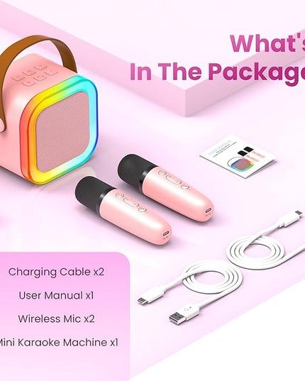 Karaoke Machine for Kids Adults, Portable Bluetooth Mini Karaoke Microphone Singing Speaker with 2 Mic and Light,Toys for All Smartphones,Birthday, Family,Home Party (Pink)