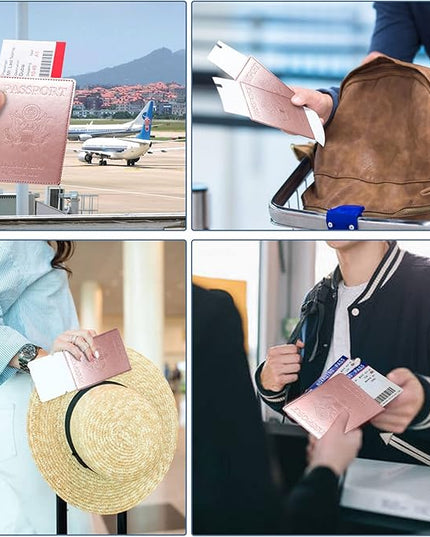 Passport Holder Cover Wallet Case RFID Blocking Leather Card Slot Travel Accessories Documents Organizer Protector for Women Men, Rose Gold