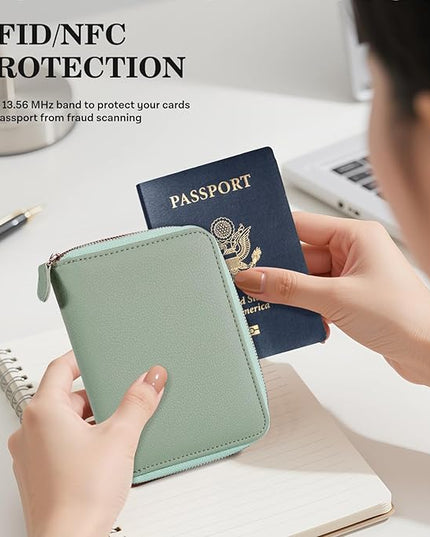 CoBak Passport Holder Cover with Safe Zipper Closure, Premium Passport Wallet for Travel, RFID Blocking Card Case, Waterproof Travel Accessories for Women, Agave Green