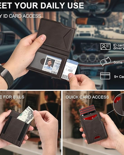 Wallet for Men Wallet with Slim Pop Up Card Holder 9-13 Cards, Bifold Minimalist Smart Wallet RFID Blocking Credit Card Holder with ID Window & Stretchable Cash Slot Compact Metal Aluminum Card Case