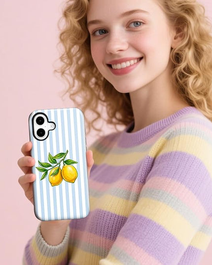 Magnetic for iPhone 17 Case Cute Lemon Stripes Phone Case, Shockproof Slim TPU and Hard PC Protective Phone Cover Compatible with MagSafe Designed for Women Girls, Blue