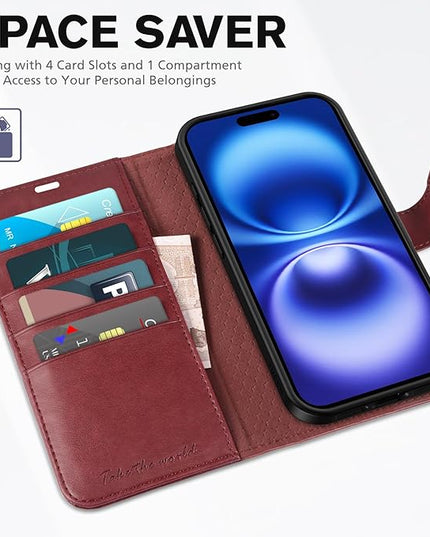 TUCCH Case Wallet for iPhone 16, [RFID Blocking] PU Leather Stand Folio Cover with 4 Card Slots [TPU Protective Interior Shell], Magnetic Flip Case Compatible with iPhone 16 5G 2024, Dark Red