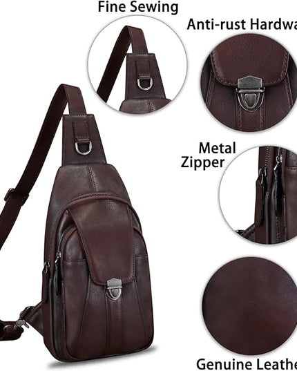 Genuine Leather Sling Bag for Women and Man Handmade Retro Hiking Crossbody Backpack Purse Chest Shoulder Daypack