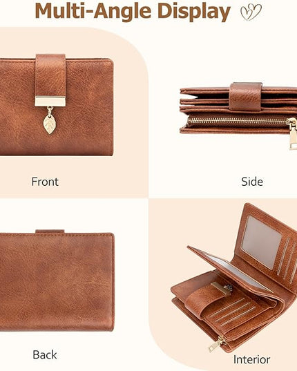 HUANLANG Small Wallets for Women Rfid Blocking Leather Bifold Credit Card Holder Ladies Wallet Zipper Pocket with ID Window