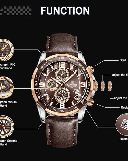 NAVIFORCE Sport Watches for Men Analog Quartz Chronograph Leather Strap Wrist Watch