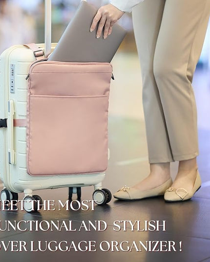 BAREFOOT CARIBOU Over Luggage Organizer for Carry On Bag or Suitcase with Storage Pockets, 16” Laptop Sleeve with Handle, Travel Accessories Bag Slide On Luggage Harness with Adjustable Straps (Pink)