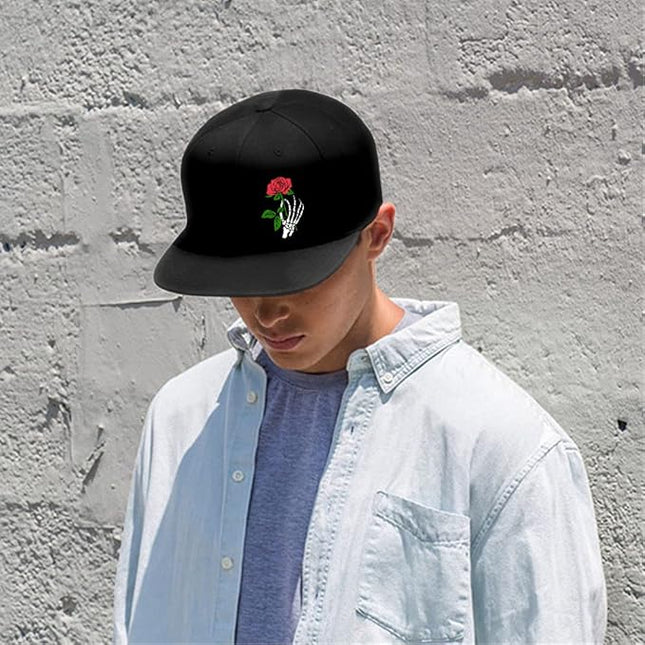 Skull Finger Flat Bill Hats for Men Black Mens Snapback Hat Baseball Cap Fitted Hat Rock N Roll Skeleton Hand Snap Backpack