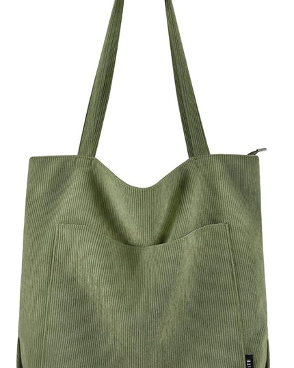 Prite Corduroy Tote Bag for Women Large Shoulder Bag with Zipper and Pockets for College Work Travel Shopping