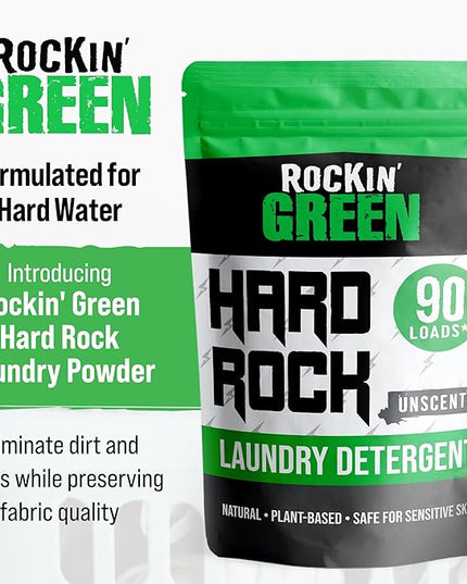 Rockin' Green Hard Rock Laundry Detergent for Hard Water (90 Loads), Plant based, Natural Laundry Detergent Powder, Biodegradable Odor Fighter, Safe for Sensitive Skin, 45 oz (Unscented)