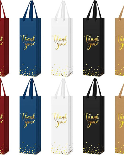 Ctosree 30 Pcs Wine Bottle Gift Bag with Handle 4.3x3.5x13.7 Liquor Paper Bag for Thank You Favor Gold Foil Kraft Whiskey Tote Carrier for Wedding Birthday Bridal Valentine's day Party(5 Colors)