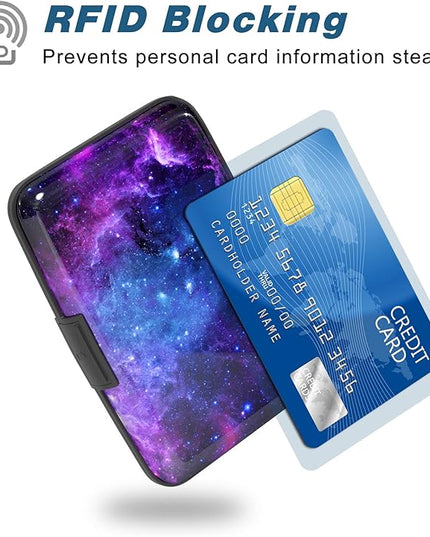 Atufsuat Credit Card Holder, Mini Aluminum Card Wallet RFID Blocking Slim Metal Hard Card Case for Women Men, Galaxy