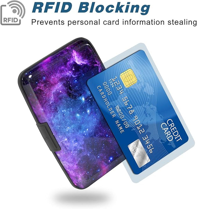 Atufsuat Credit Card Holder, Mini Aluminum Card Wallet RFID Blocking Slim Metal Hard Card Case for Women Men, Galaxy