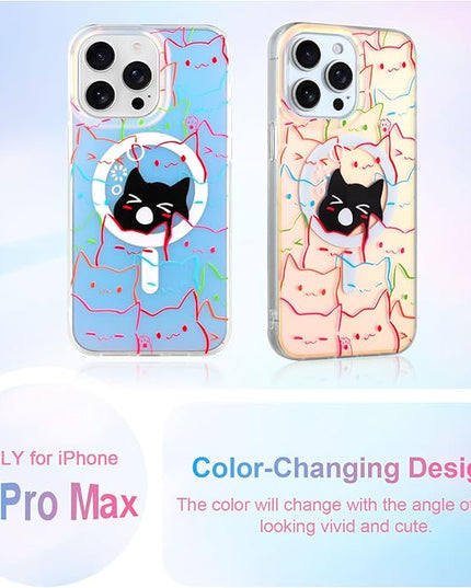 Cute Case for iPhone 15 Pro Max Case for Women Girls Boys [ Compatible with Magsafe ] Iridescent and Black Cats Cat Pattern Design, Kawaii Colorful Animal Soft Bumper Protective Phone Cover