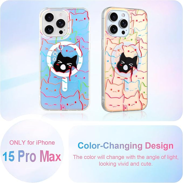 Cute Case for iPhone 15 Pro Max Case for Women Girls Boys [ Compatible with Magsafe ] Iridescent and Black Cats Cat Pattern Design, Kawaii Colorful Animal Soft Bumper Protective Phone Cover