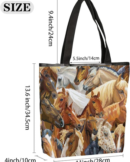 Pardick Watercolor Horse Print Canvas Tote Bag, Eco Friendly Reusable Grocery Shopping Bags Beach Bag Book Tote Handbags Washable Shoulder Bag With Zipper Inner Pocket for Women Girls