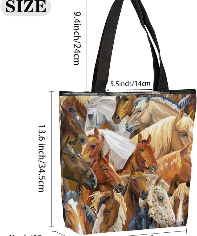 Pardick Watercolor Horse Print Canvas Tote Bag, Eco Friendly Reusable Grocery Shopping Bags Beach Bag Book Tote Handbags Washable Shoulder Bag With Zipper Inner Pocket for Women Girls