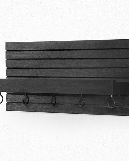 Lwenki Decorative Key Holder for Wall with Shelf, Entryway Shelf with Hooks Holds Leashes, Jackets and Glasses – Sturdy Wood Keyholder Entrance Hanger with Mounting Hardware (Black, Medium)