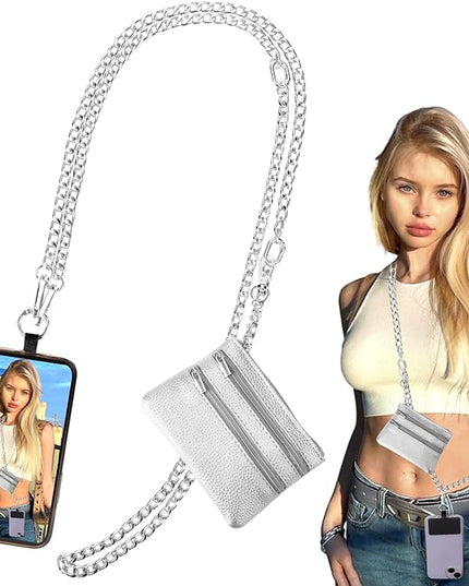 XANGNIER Clip and Go Strap for Phone with Wallet Crossbody, Phone Strap with Zippered Wallet, Adjustable Anti Theft Cellphone Lanyard for Women, Cellphone Chain Accessories,Chain Silver