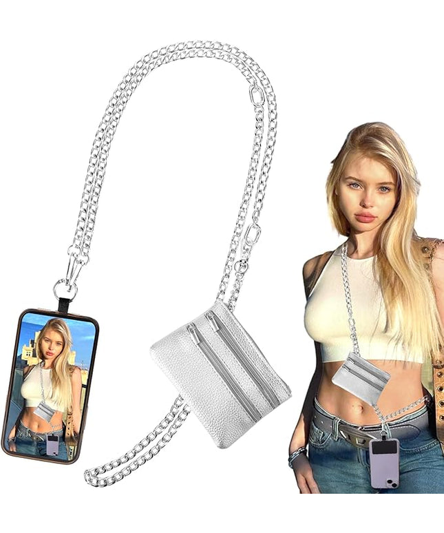XANGNIER Clip and Go Strap for Phone with Wallet Crossbody, Phone Strap with Zippered Wallet, Adjustable Anti Theft Cellphone Lanyard for Women, Cellphone Chain Accessories,Chain Silver