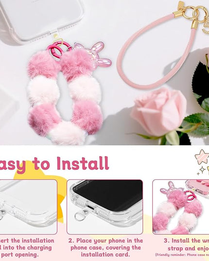 2 Pcs Phone Charm Wrist Strap with Tether Tab, Double Anti Lost Fluff Ball Beaded Wrist Lanyard, Detachable Leather Phone Charms for Bag, Key Chains, Camera Decor