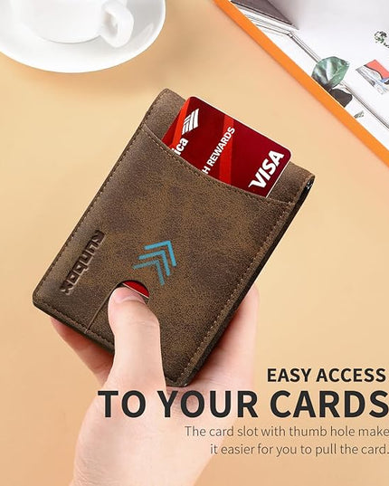 RUNBOX Slim Wallet for Men Genuine Leather RFID Blocking Bifold Minimalist Front Pocket Mens Wallet with Money Clip Thin Gift Box