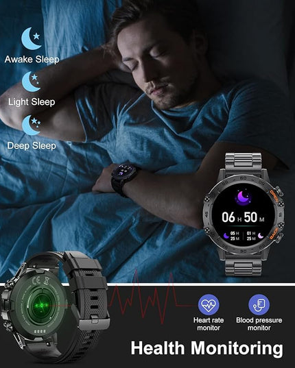 SUNKTA Military Smart Watch for Men(Answer/Dial Calls),100 Sports Modes, 5ATM Waterproof Fitness Watch with Heart Rate/SpO2/Blood Pressure for Android and iOS,1.39''HD DIY Screen Smartwatch Black