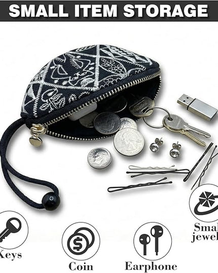 Embroidered Small Coin Purse for Women Girl,Vintage Cute Wallet Zipper Pouch,Handmade Aesthetic Oval Change Purse for Coins,Air-Tag,Small Jewelry Key with Pull-Out Key Ring