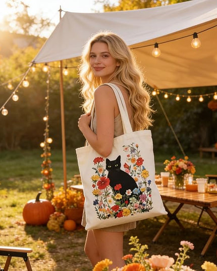 Women's Canvas Tote Bag - Black Cat Print Canvas Tote with Inner Pocket, Large Shoulder Bag for Gym,College,Library,Shopping