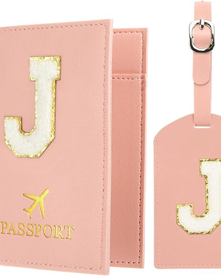 PATIKIL Passport Holder for Travel, Initial Passport Cover and Luggage Tag Set with Alphabet Chenille Letter Patch Travel Wallet Bag Suitcase Identifier for Women Family Travel Pink J