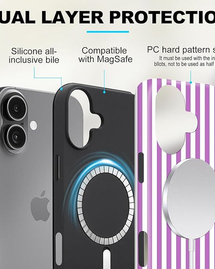 Magnetic for iPhone 17 Case Cute Stripes Phone Case, Shockproof Slim TPU and Hard PC Protective Phone Cover Compatible with MagSafe Designed for Women Girls, Purple