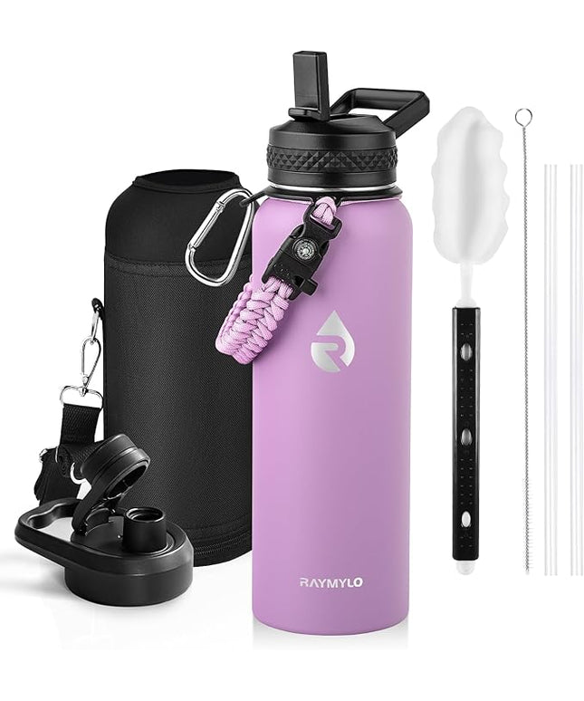 Insulated Water Bottle 40 oz, Triple Wall Vacuum Stainless Steel (Cold for 48 Hrs), Leak Proof & Non-BPA, Modern Water Flask Jug with Paracord Handle & Straw Spout Lids, Lilac