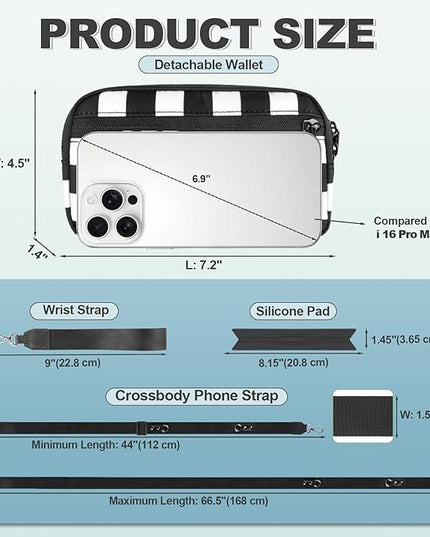 Clip and Go Strap for Phone with Wallet Crossbody, Adjustable Phone Lanyard with Detachable RFID Wristlet Wallet, Phone Strap with Phone Tabs for All Phones, Black Checkered (L)
