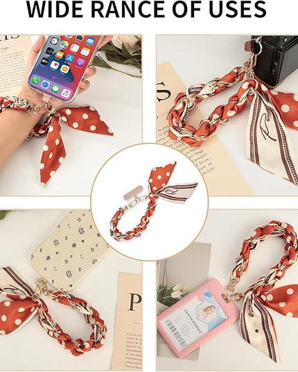 Fycyko Phone Wrist Strap with Gold Metal Scarf and Universal Tether Tab, Aesthetic Print Design Ribbon Chain, Multi-Purpose Accessories for Bag Key Cellphone for Men Women Girls-Orange Polka Dot