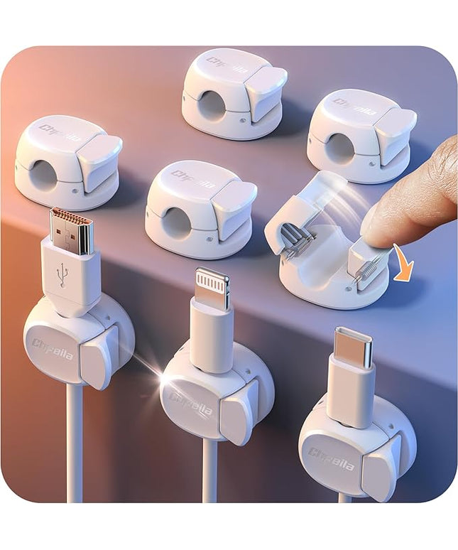 8Pack Cord Organizer [Dual Spring & Clasp] [Max Stability] Cable Clips, Chfeila Cord Holder, Desk Cable Management, Adhesive Wire Organizer for Home Office Desktop Nightstand Car Table Wall - White